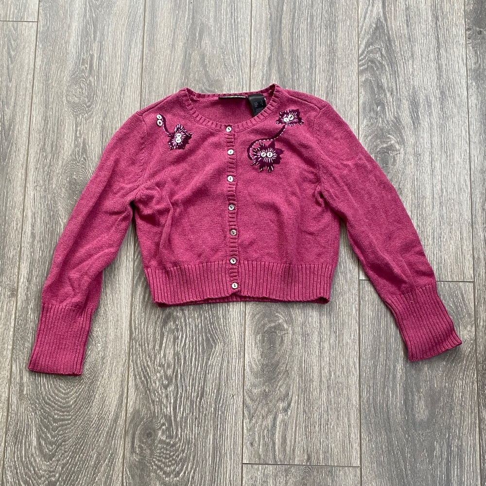 DKNY - 100% Cotton Magenta Pink Embroidered Cardigan - Size S